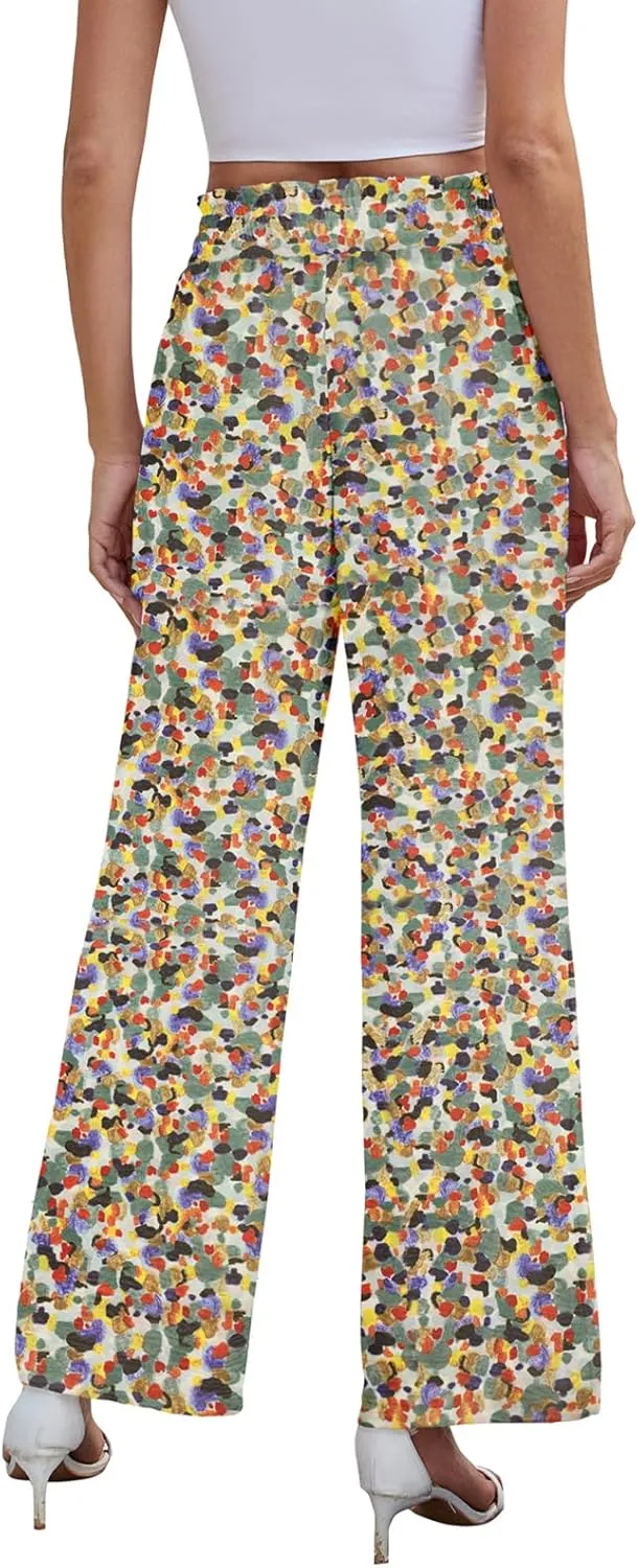 Women's Palazzo Pants Wide Leg High Waisted with Pockets Casual Lightweight Trousers Elastic Waist Summer Beach