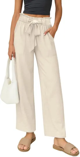 Women's Palazzo Pants Wide Leg High Waisted with Pockets Casual Lightweight Trousers Elastic Waist Summer Beach