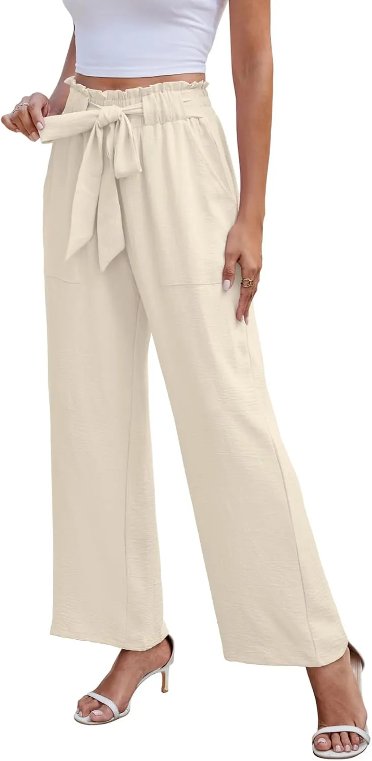 Women's Palazzo Pants Wide Leg High Waisted with Pockets Casual Lightweight Trousers Elastic Waist Summer Beach