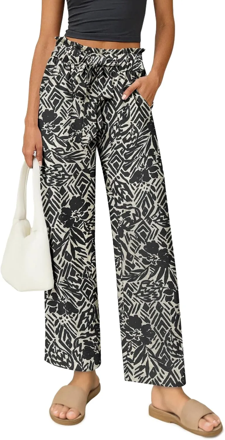Women's Palazzo Pants Wide Leg High Waisted with Pockets Casual Lightweight Trousers Elastic Waist Summer Beach