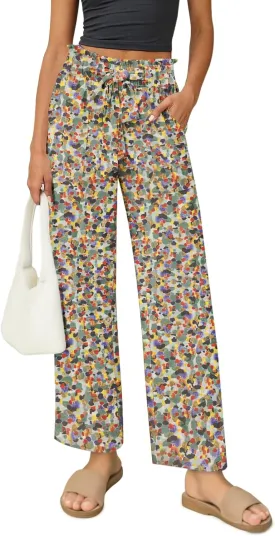 Women's Palazzo Pants Wide Leg High Waisted with Pockets Casual Lightweight Trousers Elastic Waist Summer Beach