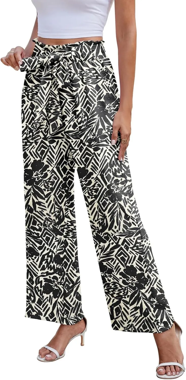 Women's Palazzo Pants Wide Leg High Waisted with Pockets Casual Lightweight Trousers Elastic Waist Summer Beach