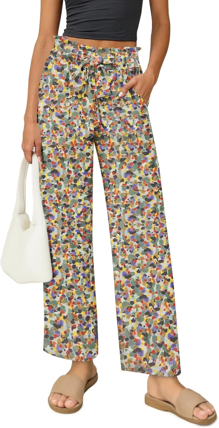 Women's Palazzo Pants Wide Leg High Waisted with Pockets Casual Lightweight Trousers Elastic Waist Summer Beach