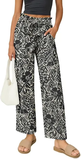 Women's Palazzo Pants Wide Leg High Waisted with Pockets Casual Lightweight Trousers Elastic Waist Summer Beach