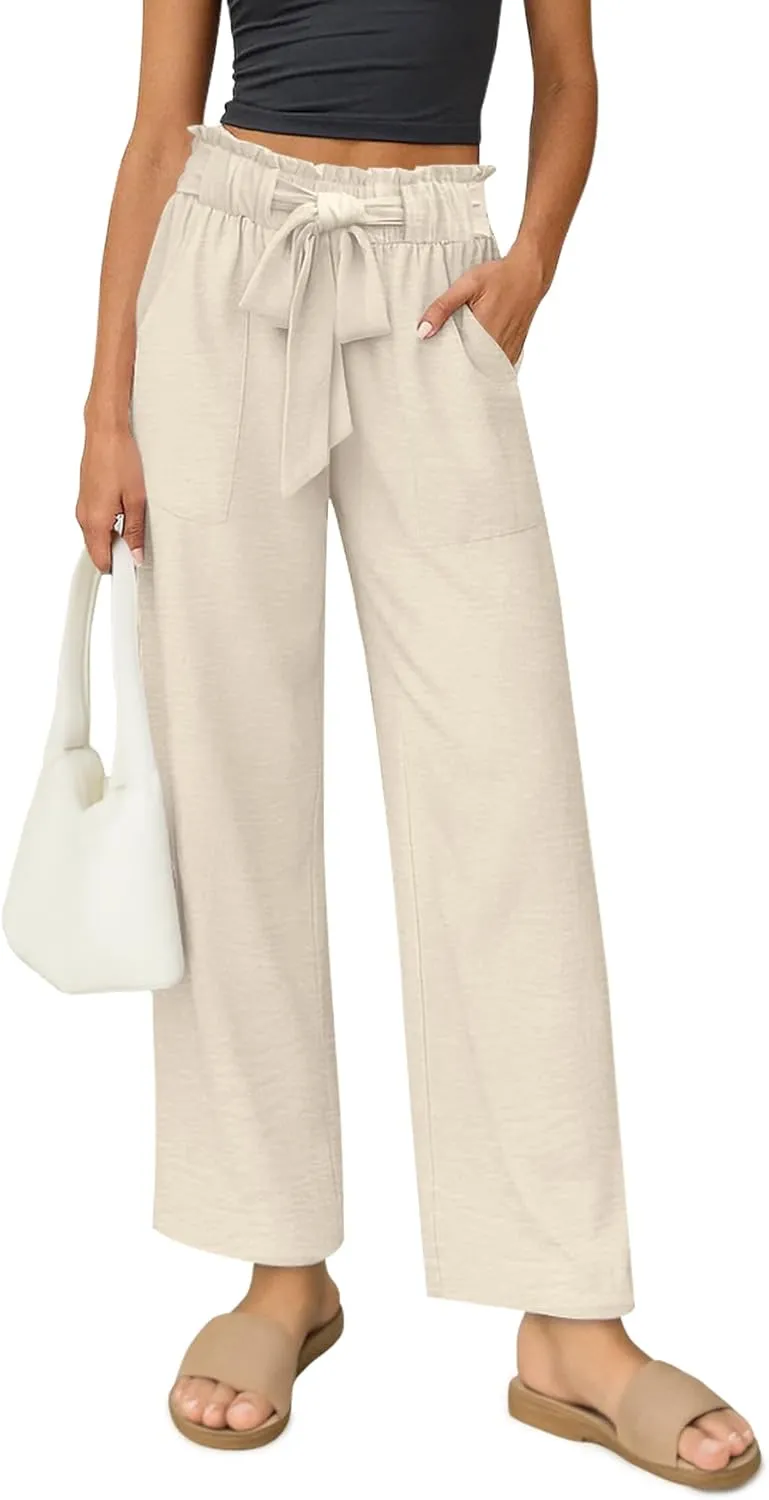 Women's Palazzo Pants Wide Leg High Waisted with Pockets Casual Lightweight Trousers Elastic Waist Summer Beach