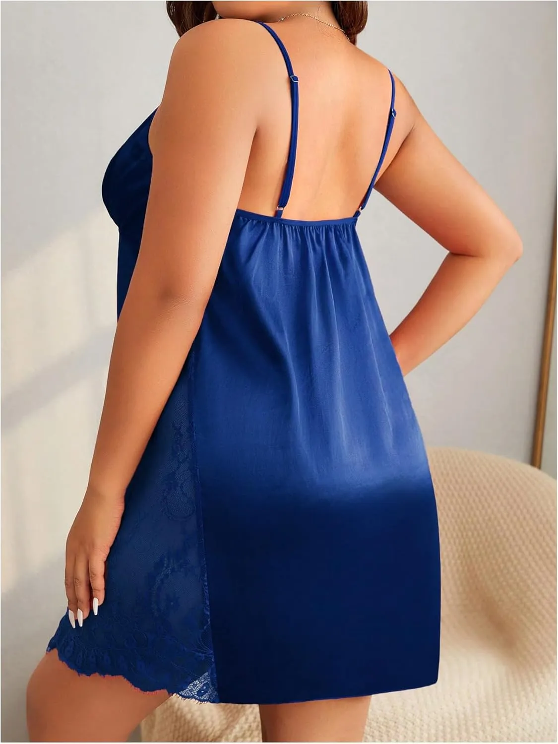 Women's Plus Size Satin Lace Chemise Nightgown V Neck Spaghetti Strap Slip Dress Sleepwear