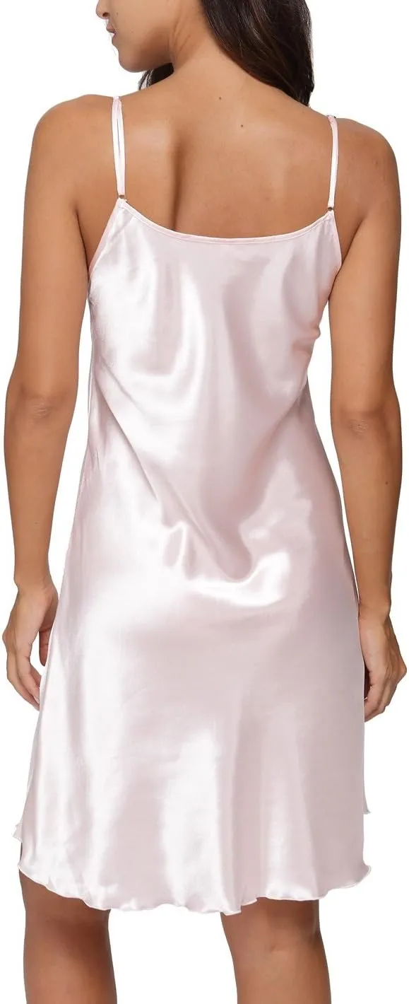 Women's Satin Nightgown Sexy V Neck Spaghetti Strap Nightdress Chemise Babydoll Lingerie Full Slips Sleepwear