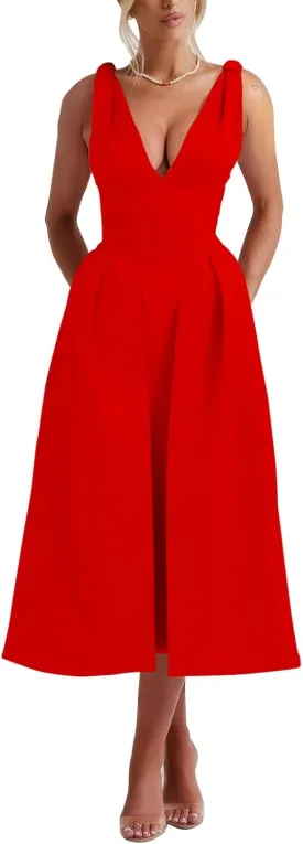 Womens Sleeveless Deep V Neck 1950s Retro Vintage Cocktail Wedding Guest Party A-Line Swing Maxi Dresses