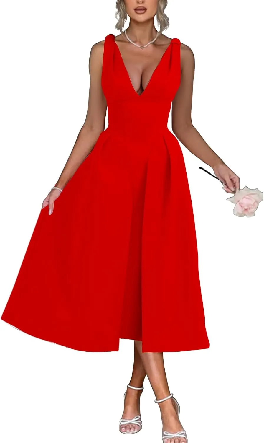 Womens Sleeveless Deep V Neck 1950s Retro Vintage Cocktail Wedding Guest Party A-Line Swing Maxi Dresses