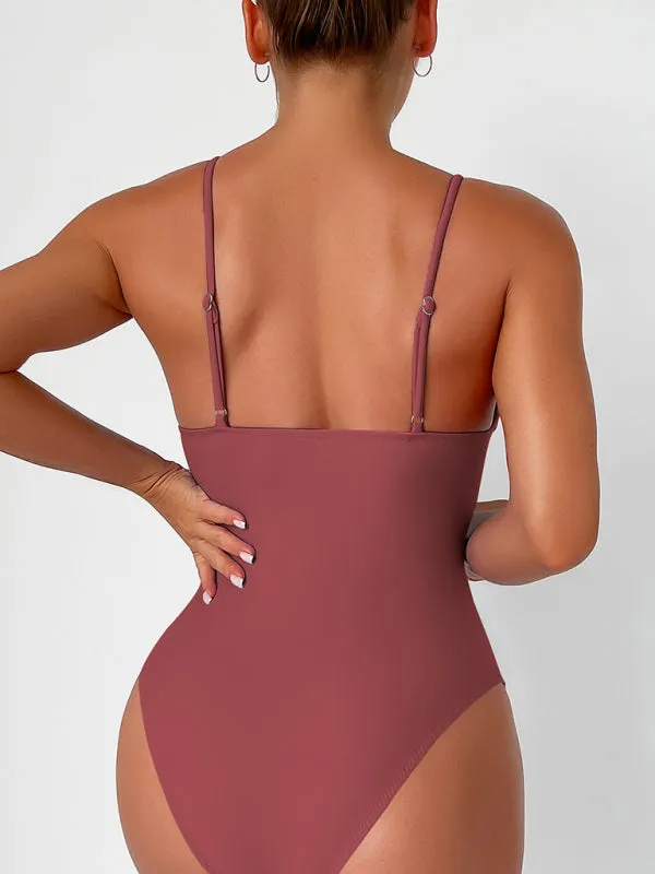 Women’s Solid Color One Piece V-Neck Swimsuit in 8 Colors S-XXL