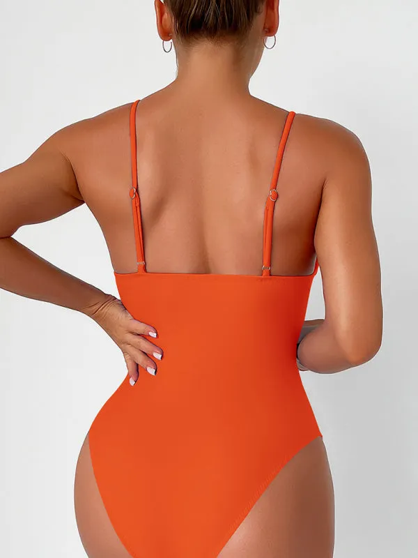 Women’s Solid Color One Piece V-Neck Swimsuit in 8 Colors S-XXL