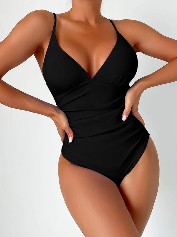Women’s Solid Color One Piece V-Neck Swimsuit in 8 Colors S-XXL
