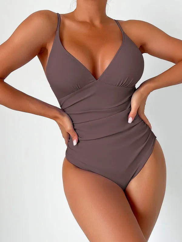 Women’s Solid Color One Piece V-Neck Swimsuit in 8 Colors S-XXL