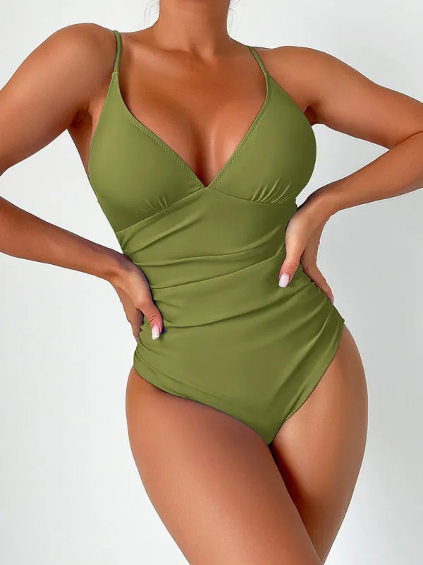 Women’s Solid Color One Piece V-Neck Swimsuit in 8 Colors S-XXL