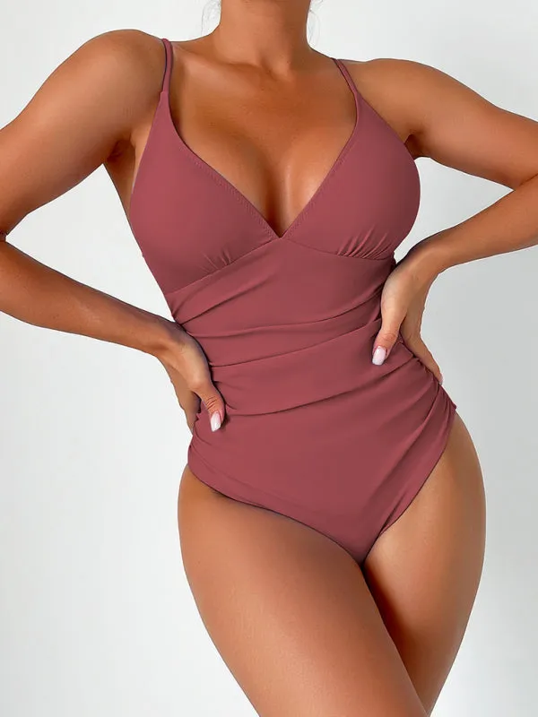 Women’s Solid Color One Piece V-Neck Swimsuit in 8 Colors S-XXL