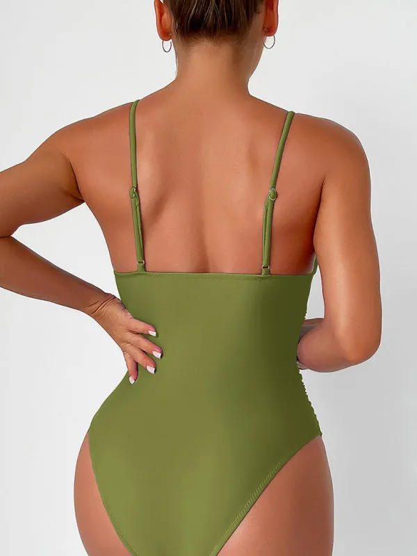 Women’s Solid Color One Piece V-Neck Swimsuit in 8 Colors S-XXL