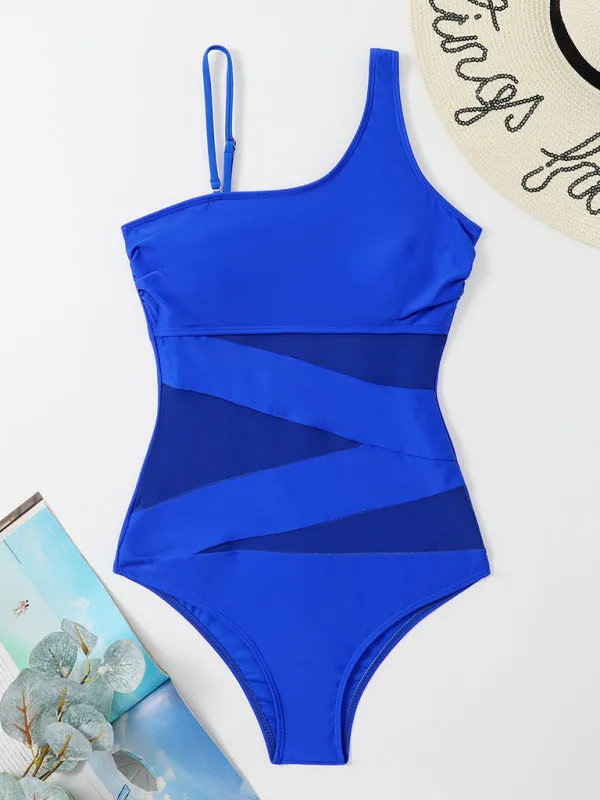 Women's Splicing Gauze Swimsuit With Oblique Shoulder Design