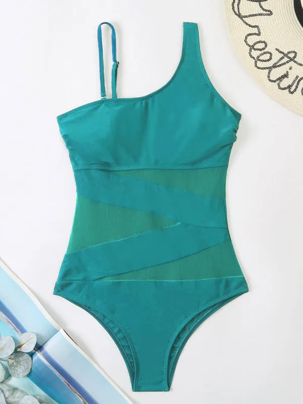 Women's Splicing Gauze Swimsuit With Oblique Shoulder Design