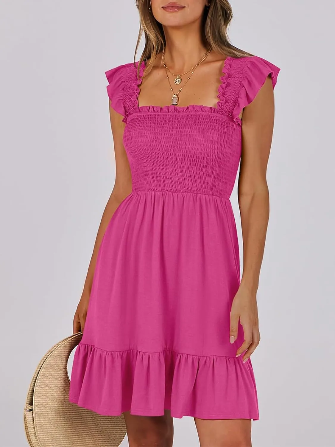 Womens Summer Casual Sleeveless Square Neck Smocked Ruffle Backless Boho Mini Dress 2024 Trendy Short Sundress