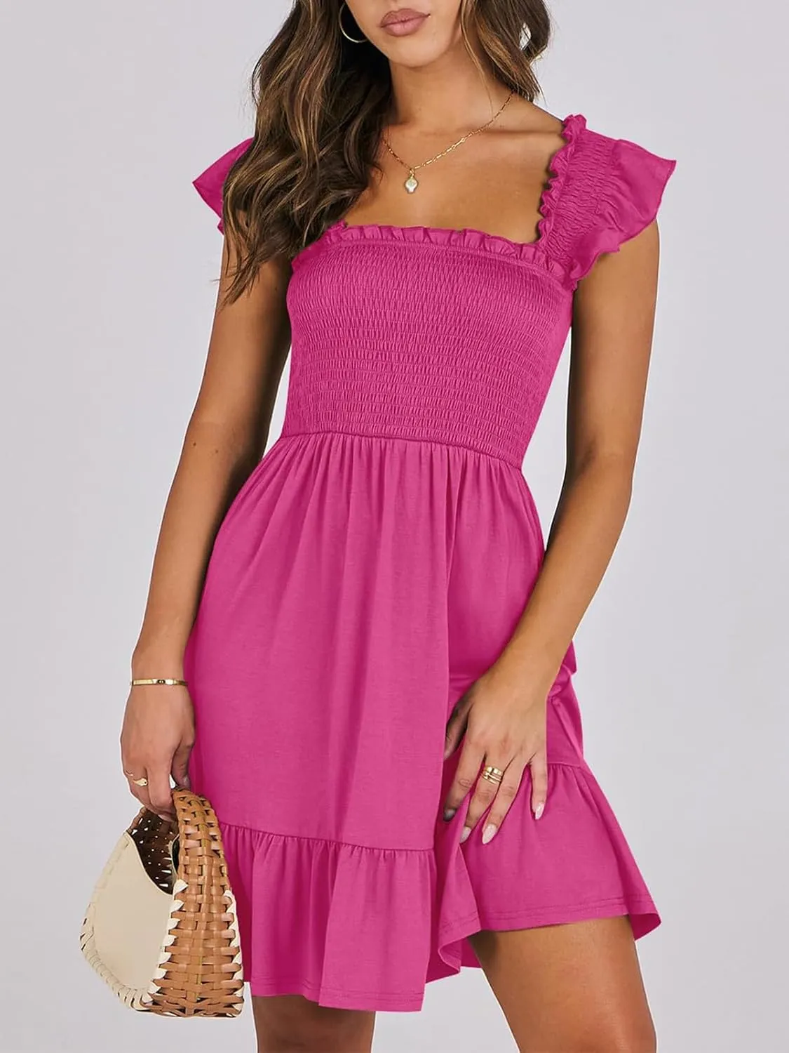 Womens Summer Casual Sleeveless Square Neck Smocked Ruffle Backless Boho Mini Dress 2024 Trendy Short Sundress