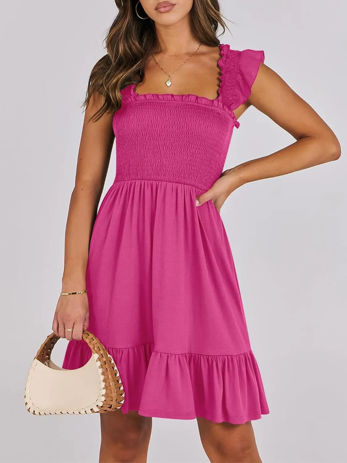 Womens Summer Casual Sleeveless Square Neck Smocked Ruffle Backless Boho Mini Dress 2024 Trendy Short Sundress
