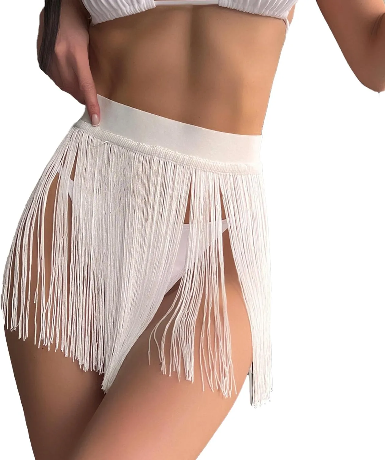 xxxiticat Women's Tassel Trim Beach Skirt High Waist See Through Swing Asymmetric Sheer Fringe Hem Bikini Cover Up Skirt